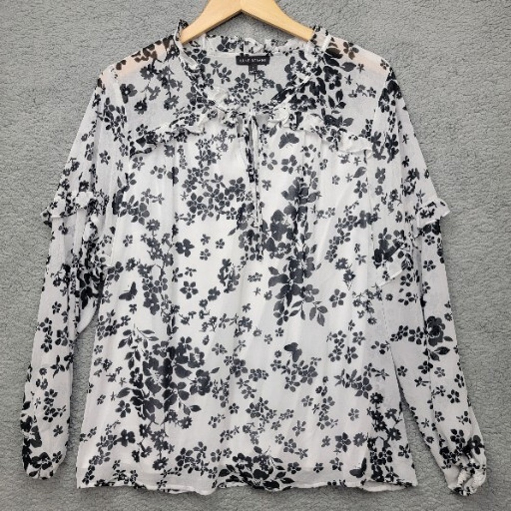 Lane Bryant Black White Floral Print Tie Neck Long Sleeve‎ Top Blouse Size 16
